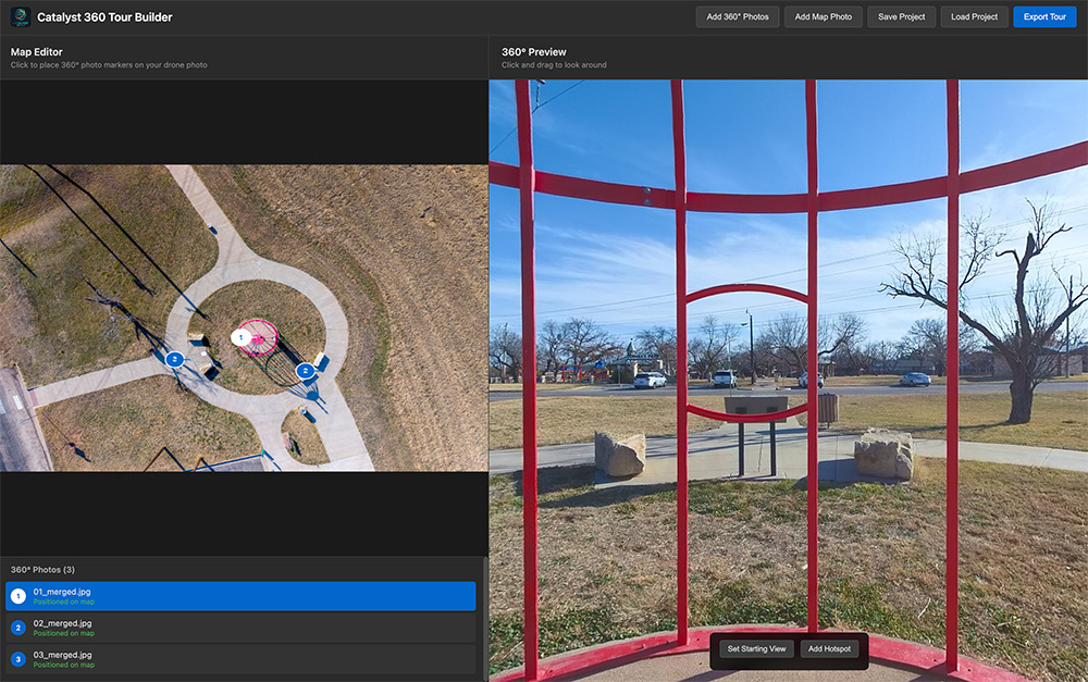 Catalyst 360 Tour Builder app, a browser tool for placing 360-degree photo hotspots on an aerial map and exporting interactive virtual tours, built by Concho Catalyst