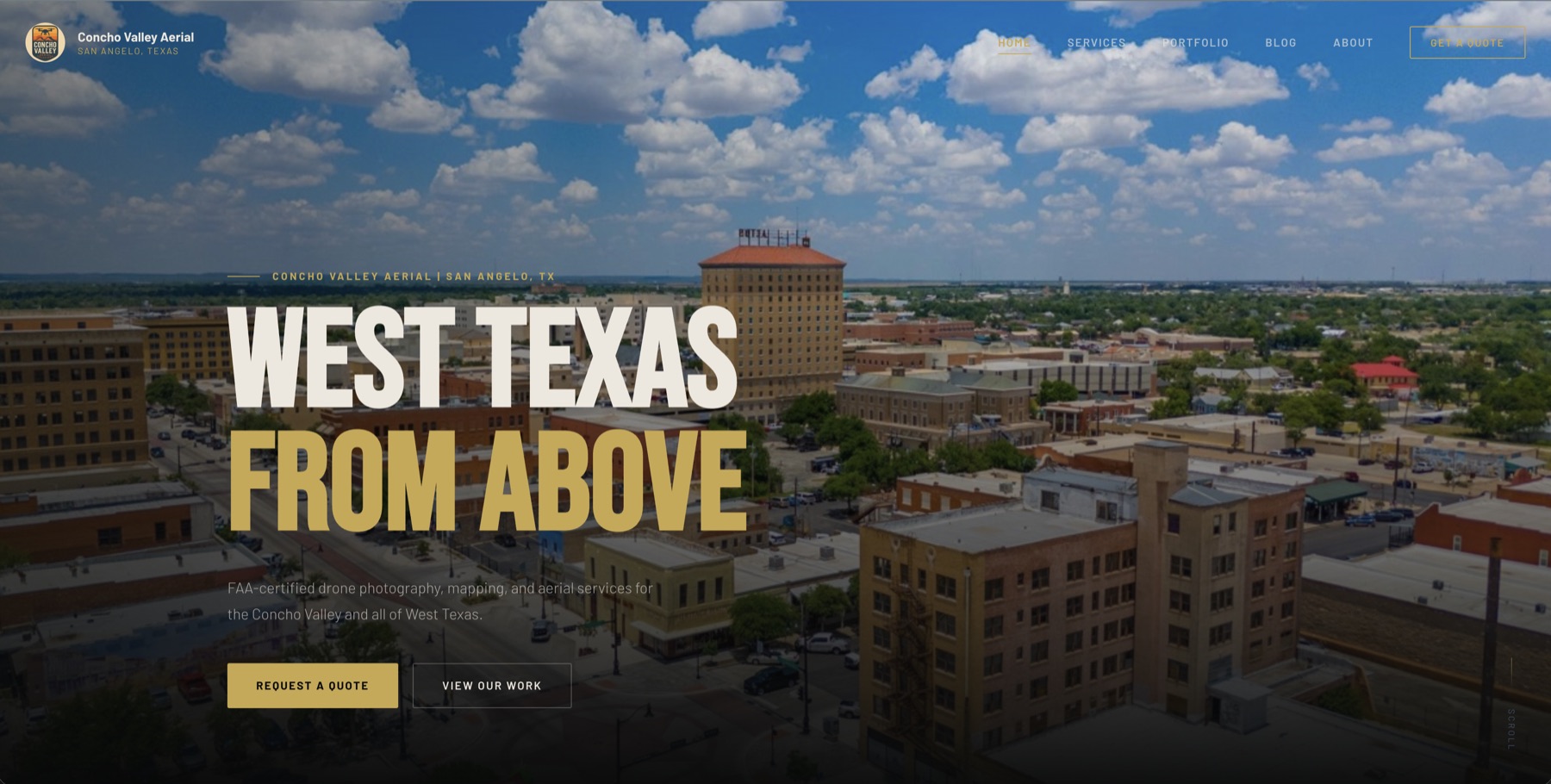 Homepage of the Concho Valley Aerial drone photography website built by Concho Catalyst, showing aerial imagery of West Texas
