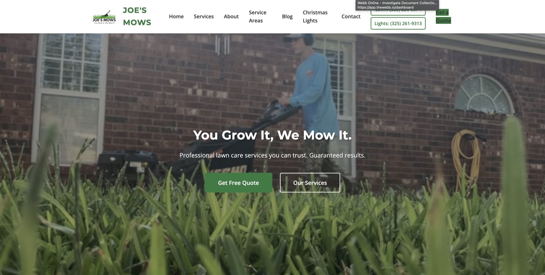 Homepage of the Joe's Mows lawn care website built by Concho Catalyst, a San Angelo lawn service