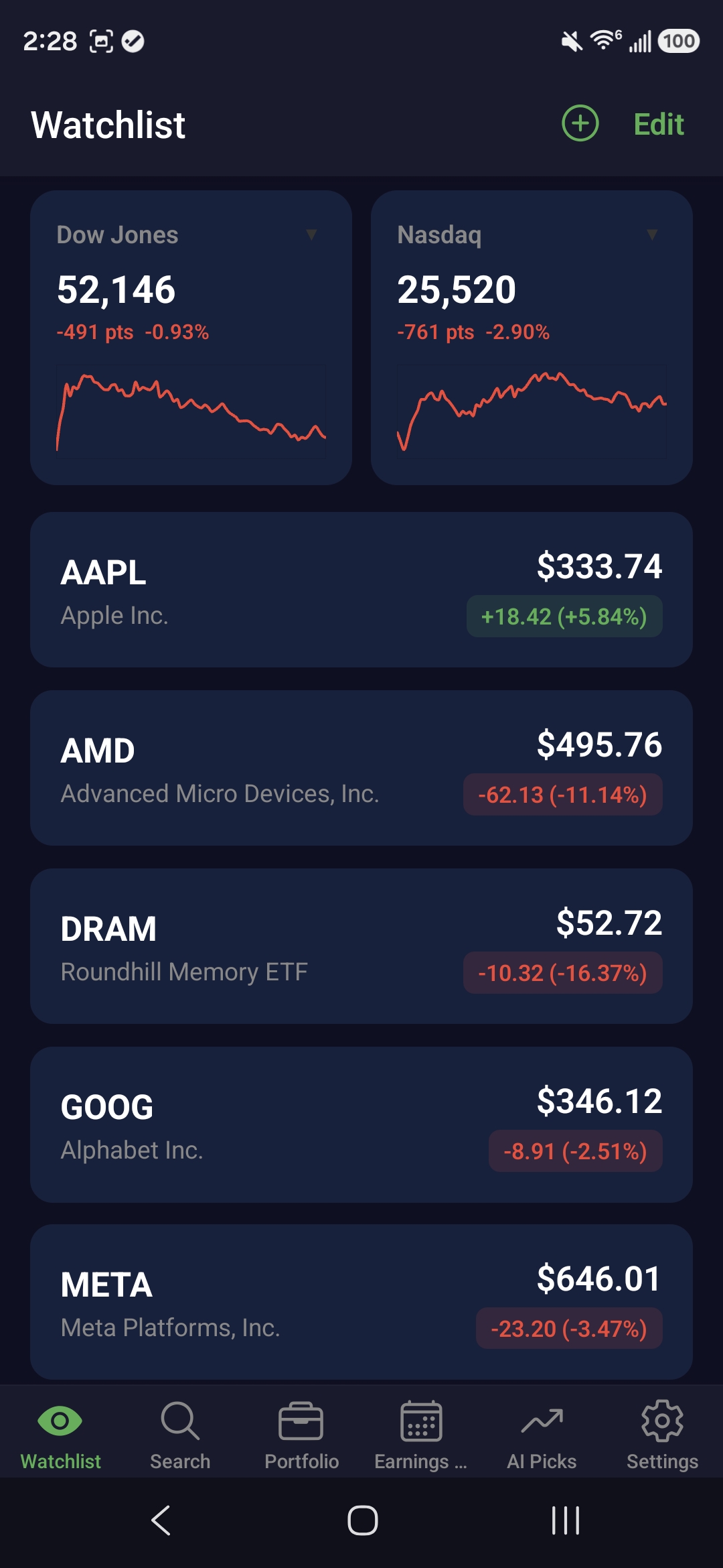 AI Stock Tracker Android app watchlist screen showing index charts, stock tickers, and an AI Picks tab, a native mobile app built by Concho Catalyst