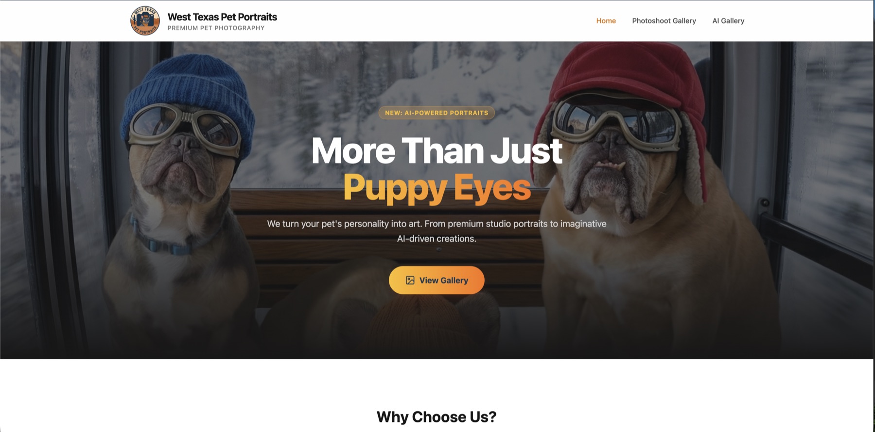 Homepage of the West Texas Pet Portraits website built by Concho Catalyst, a San Angelo pet photography studio